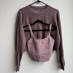 Set Active Shirt & Crop Set Womens Medium Brown Crop Long Sleeve Pullover Cotton